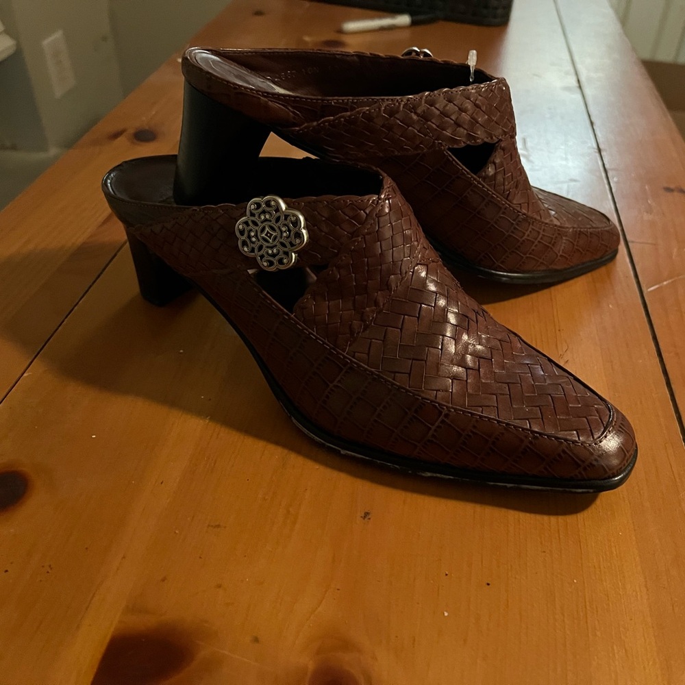Brighton Dark Brown Woven Mules with Silver Accent